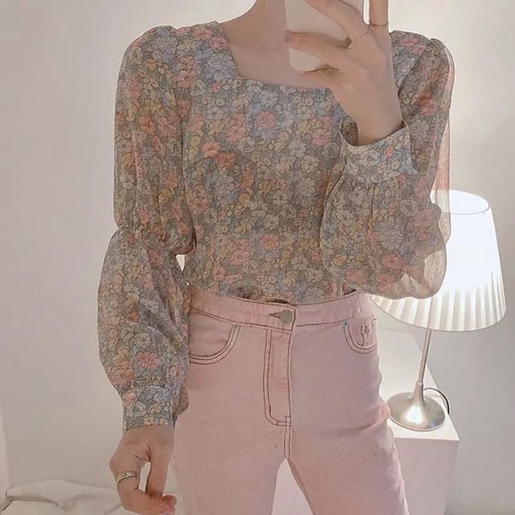 Tops - Floral print blouse puff sleeve womens clothing